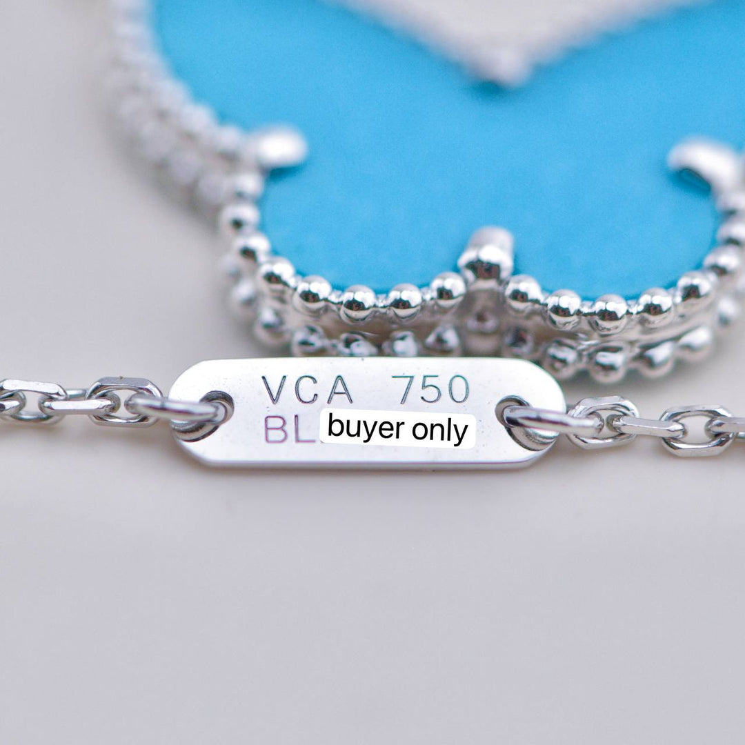 Second Hand Van Cleef Alhambra Turquoise Butterfly 18K White Gold Pendant Necklace