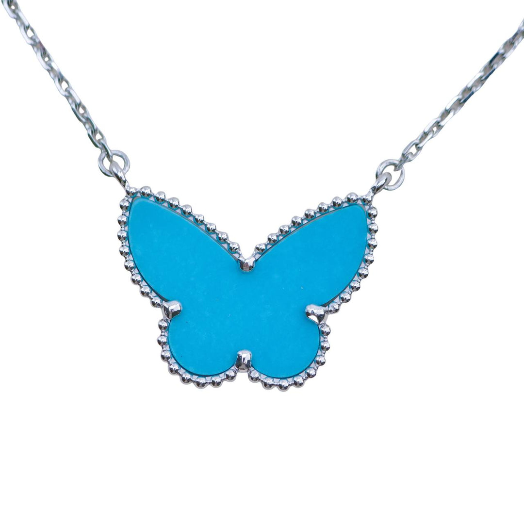 Preloved Van Cleef & Arpels Alhambra Turquoise Butterfly 18K White Gold Pendant Necklace