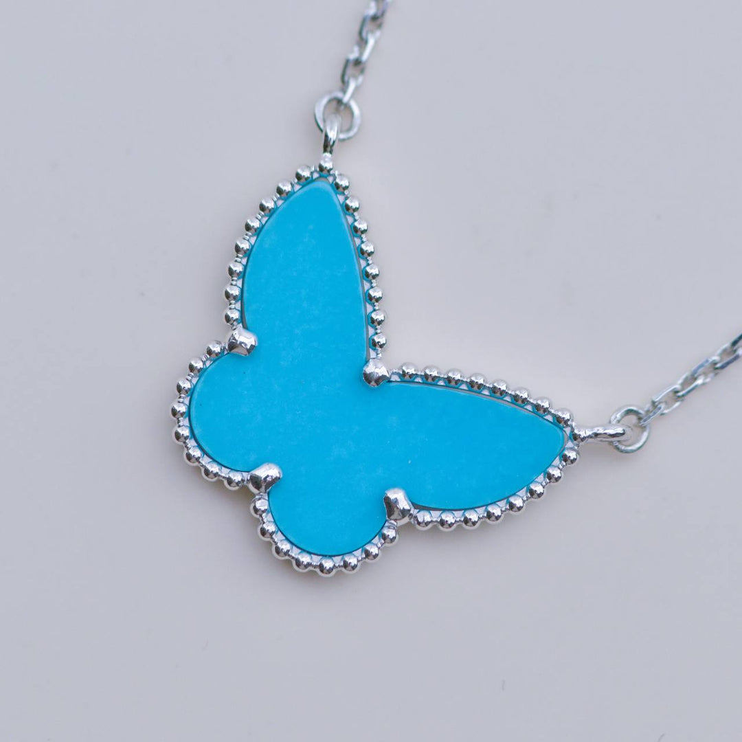 Preowned Van Cleef Alhambra Turquoise Butterfly 18K White Gold Pendant Necklace