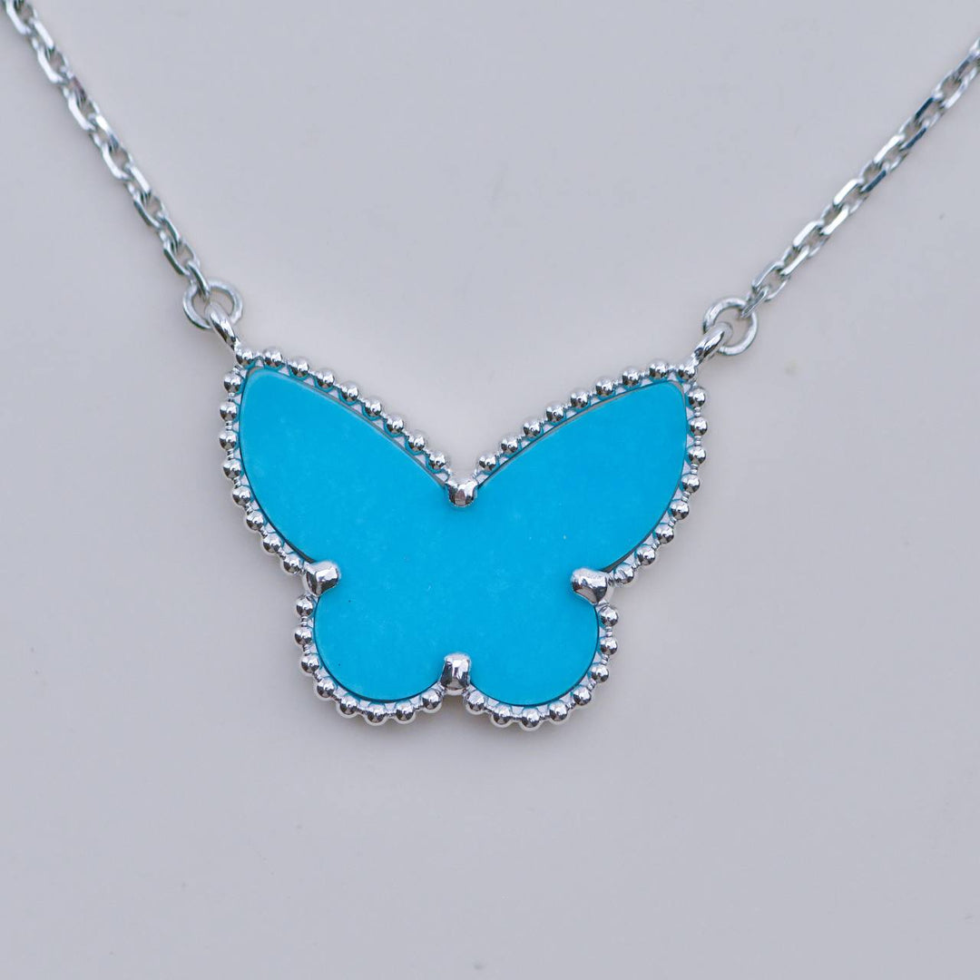 Preloved Van Cleef Alhambra Turquoise Butterfly 18K White Gold Pendant Necklace