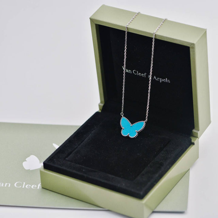 Preowned Van Cleef & Arpels Alhambra Turquoise Butterfly 18K White Gold Pendant Necklace