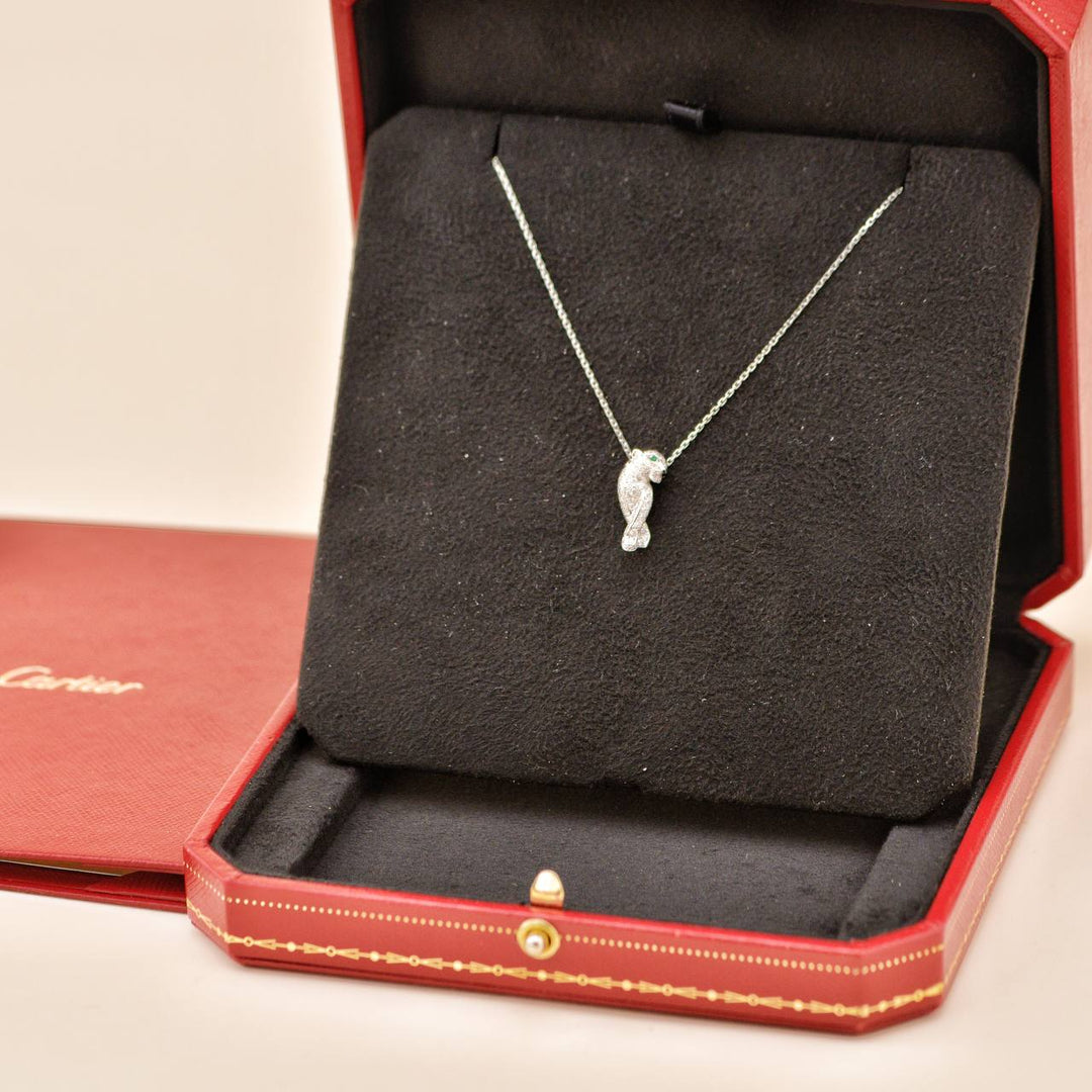 Preowned Cartier Panthère Tsavorite Onyx 18K White Gold Pendant Necklace