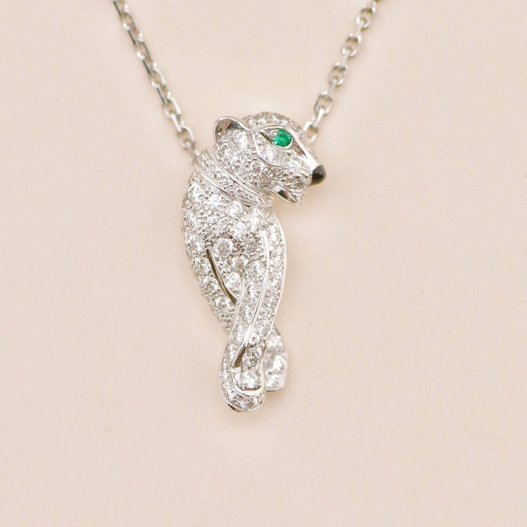 Used Cartier Panthère Tsavorite Onyx 18K White Gold Pendant Necklace