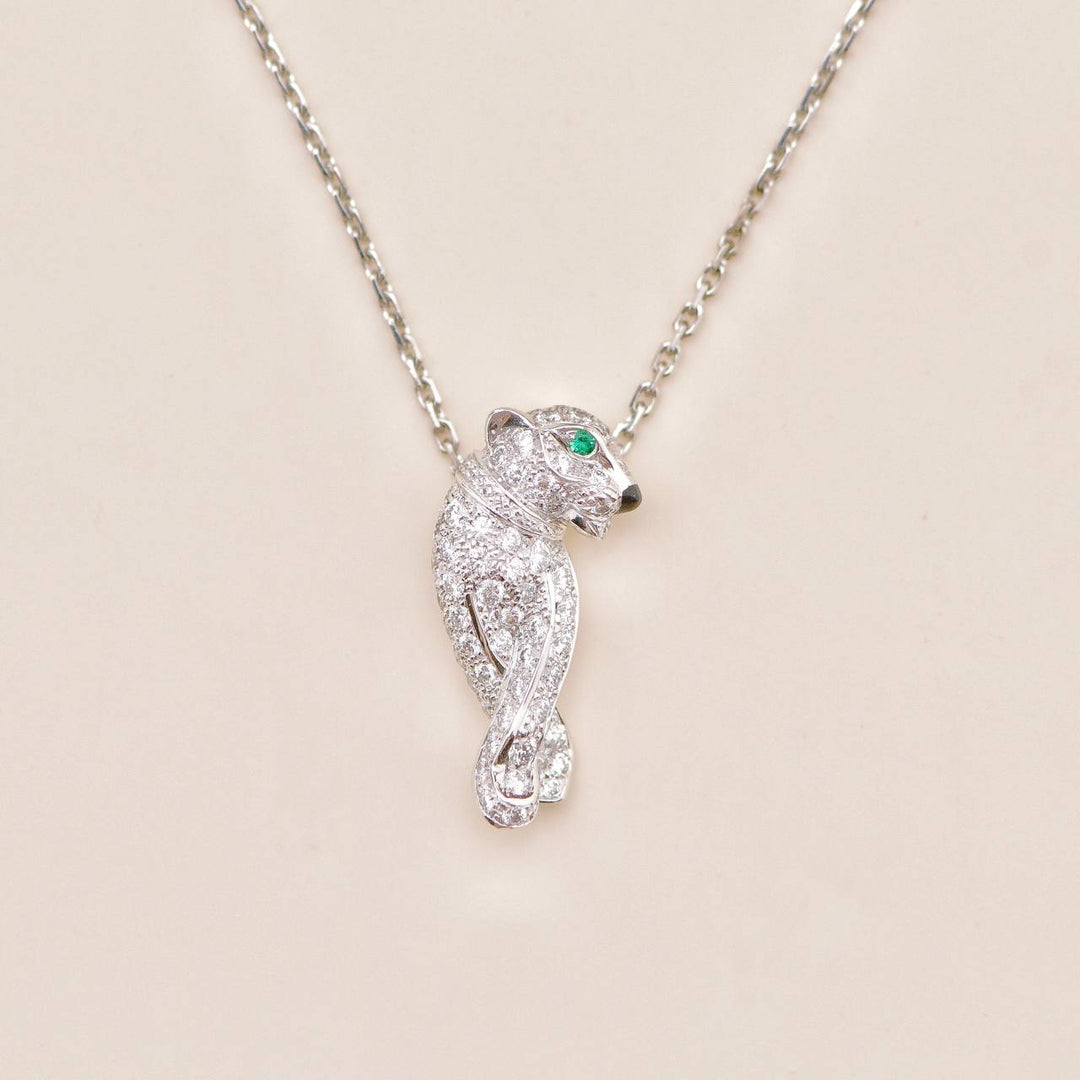 Second Hand Cartier Panthère Tsavorite Onyx 18K White Gold Pendant Necklace