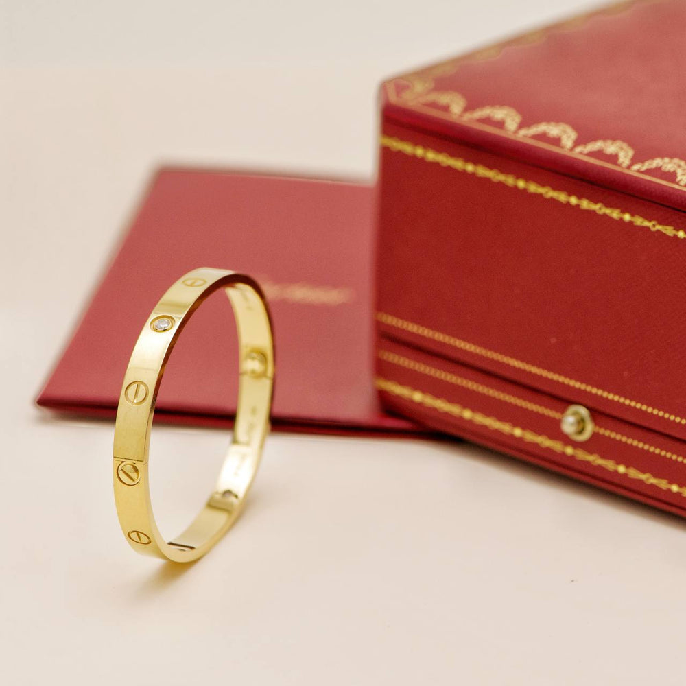 Preowned Cartier Love 4 Diamond 18K Yellow Gold Bracelet Size 17