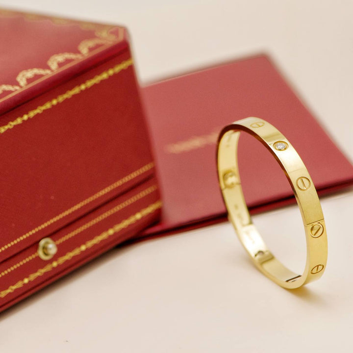 Second Hand Cartier Love 4 Diamond 18K Yellow Gold Bracelet Size 17
