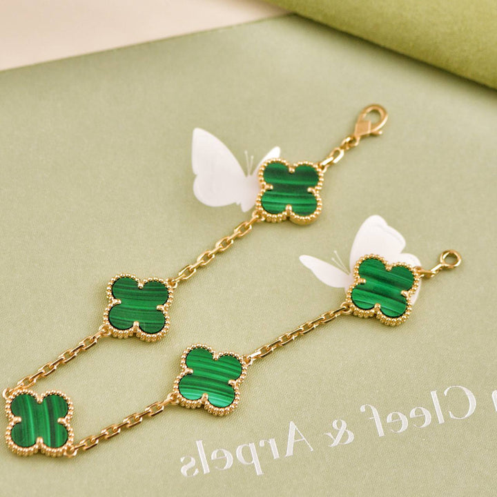 Used Van Cleef & Arpels Vintage Alhambra 5 Motif Malachite 18K Yellow Gold Bracelet