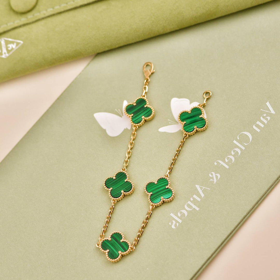 Second Hand Van Cleef & Arpels Vintage Alhambra 5 Motif Malachite 18K Yellow Gold Bracelet