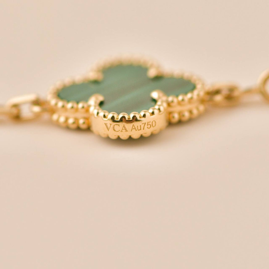 Preowned Van Cleef Vintage Alhambra 5 Motif Malachite 18K Yellow Gold Bracelet