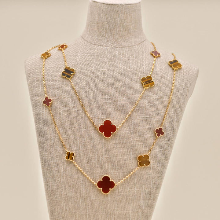 Preloved VCA Magic Alhambra 16 Motif Carnelian Tiger's Eye 18K Yellow Gold Necklace