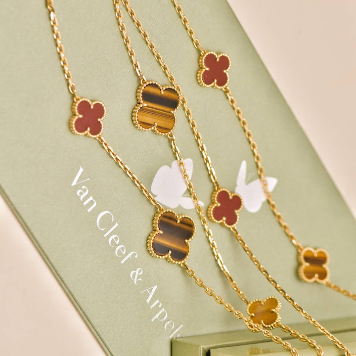 Preowned Van Cleef Magic Alhambra 16 Motif Carnelian Tiger's Eye 18K Yellow Gold Necklace