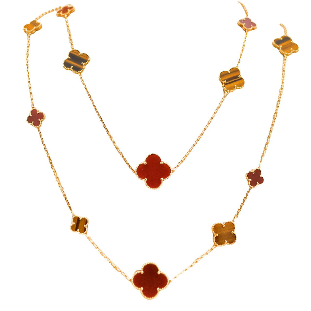 Preloved Van Cleef & Arpels Magic Alhambra 16 Motif Carnelian Tiger's Eye 18K Yellow Gold Necklace