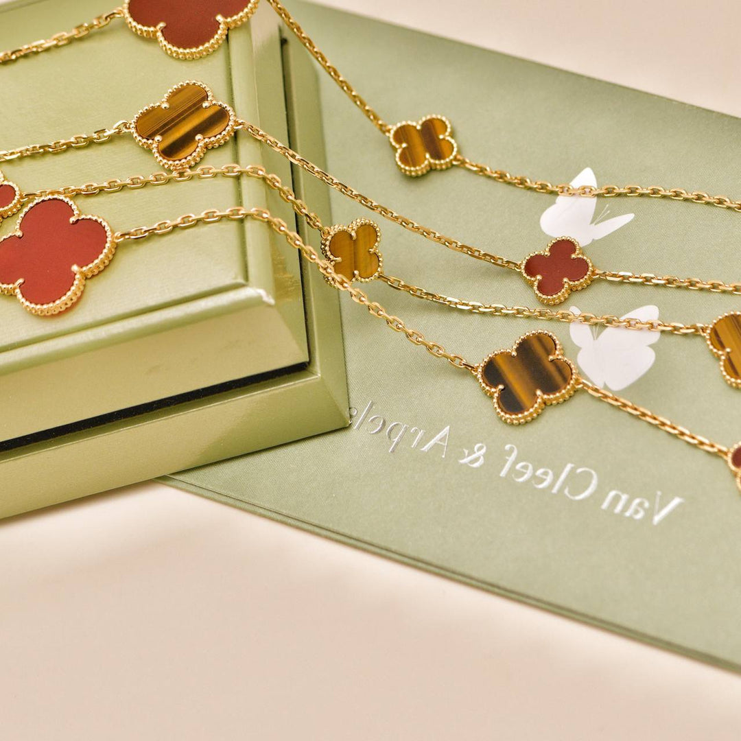 Preloved Van Cleef Magic Alhambra 16 Motif Carnelian Tiger's Eye 18K Yellow Gold Necklace