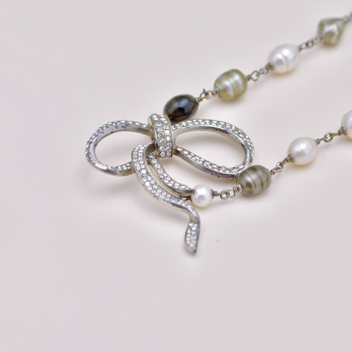 Preowned Chanel CC Collection Faux Pearl Crystal Bow Necklace