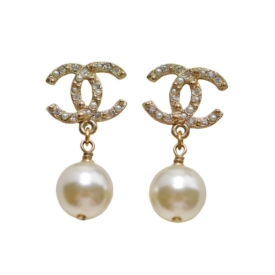 Preloved Chanel CC Collection Faux Pearl Crystal Dangle Earrings