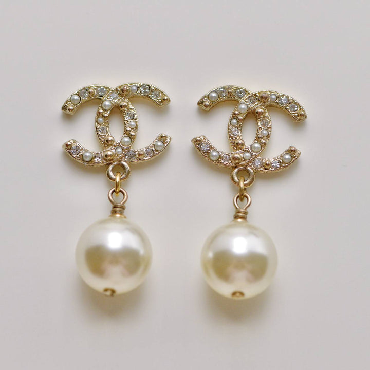 Used Chanel CC Collection Faux Pearl Crystal Dangle Earrings