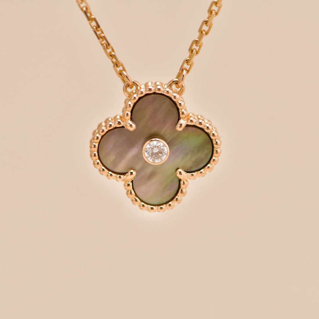 Preloved Van Cleef Vintage Alhambra Grey Mother of Pearl 18k Rose Gold 2014 Holiday Pendant