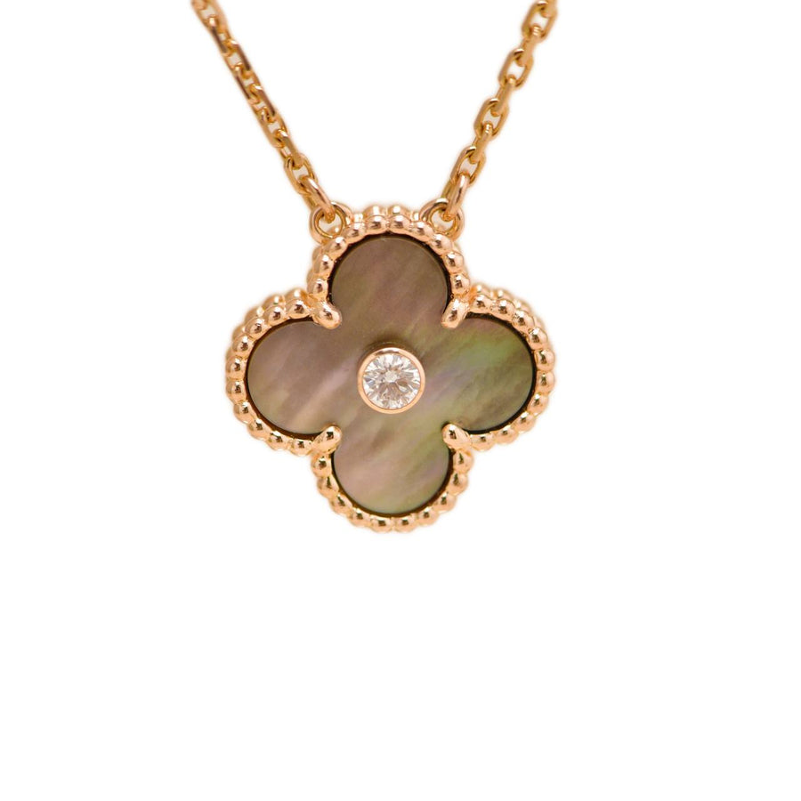 Preloved Van Cleef & Arpels Vintage Alhambra Grey Mother of Pearl 18k Rose Gold 2014 Holiday Pendant