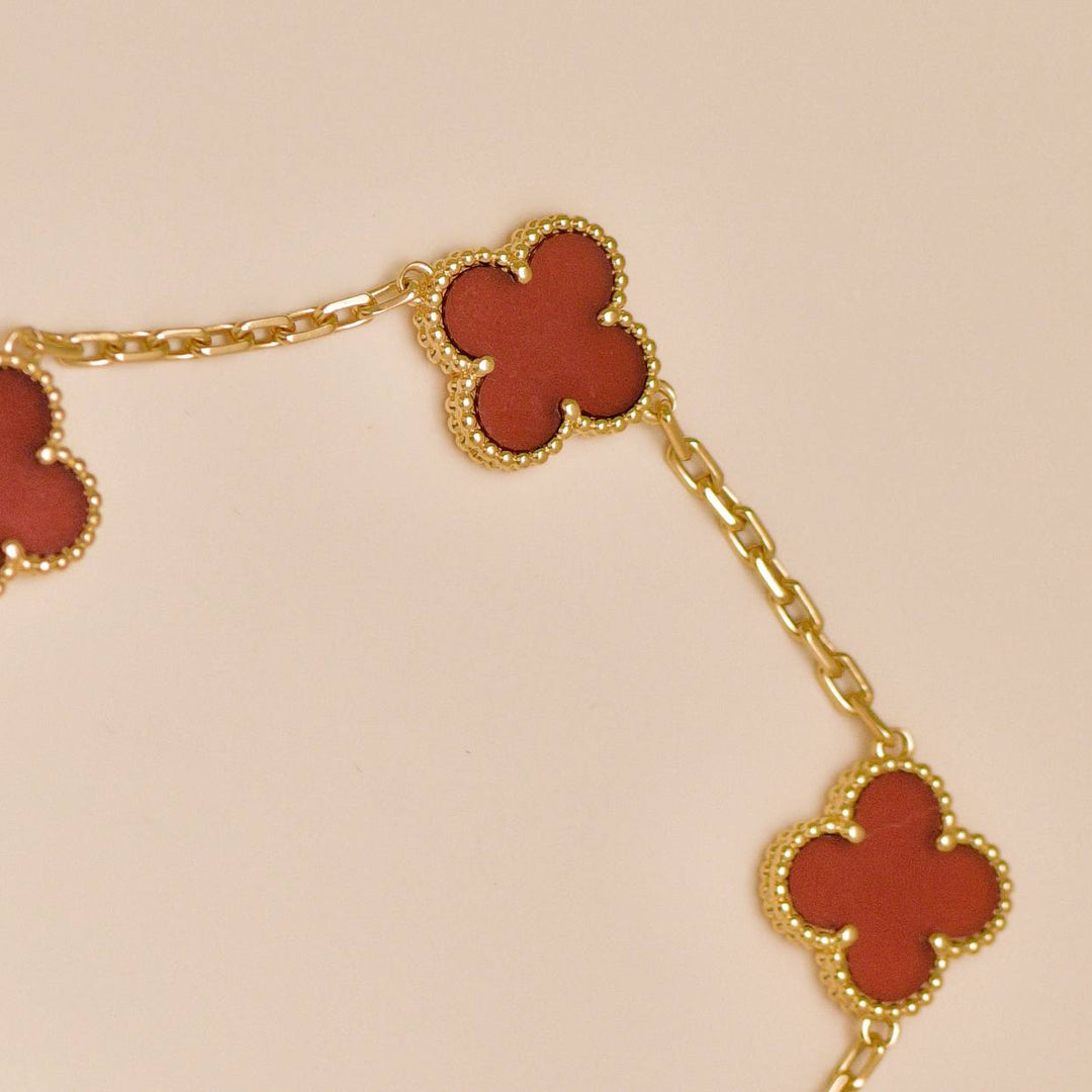 Used Van Cleef & Arpels Vintage Alhambra 5 Motif Carnelian 18K Yellow Gold Bracelet
