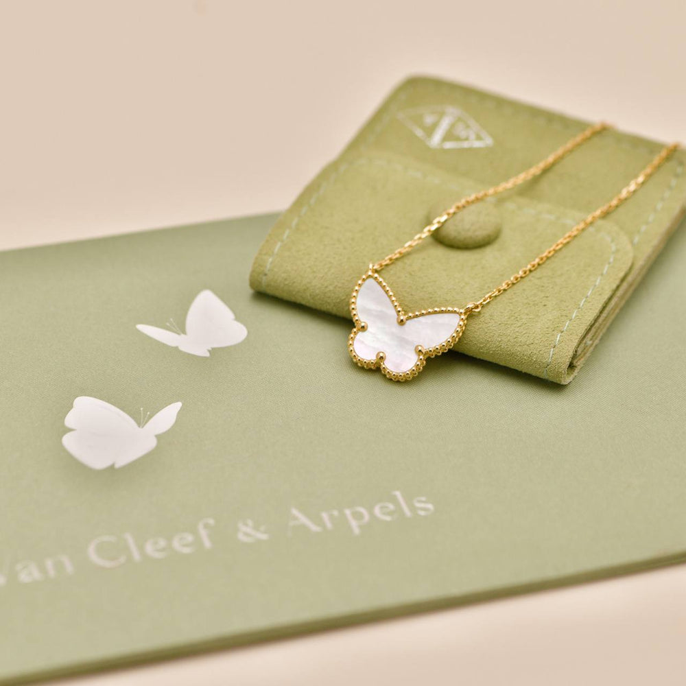 Preowned Van Cleef & Arpels Lucky Alhmabra Butterfly Mother of Pearl 18K Yellow Gold Pendant Necklace
