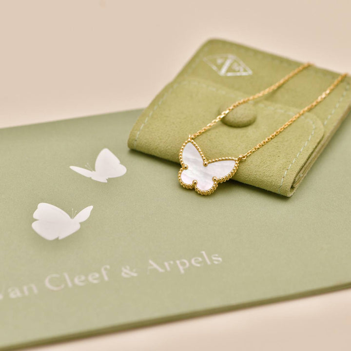 Preowned Van Cleef & Arpels Lucky Alhmabra Butterfly Mother of Pearl 18K Yellow Gold Pendant Necklace