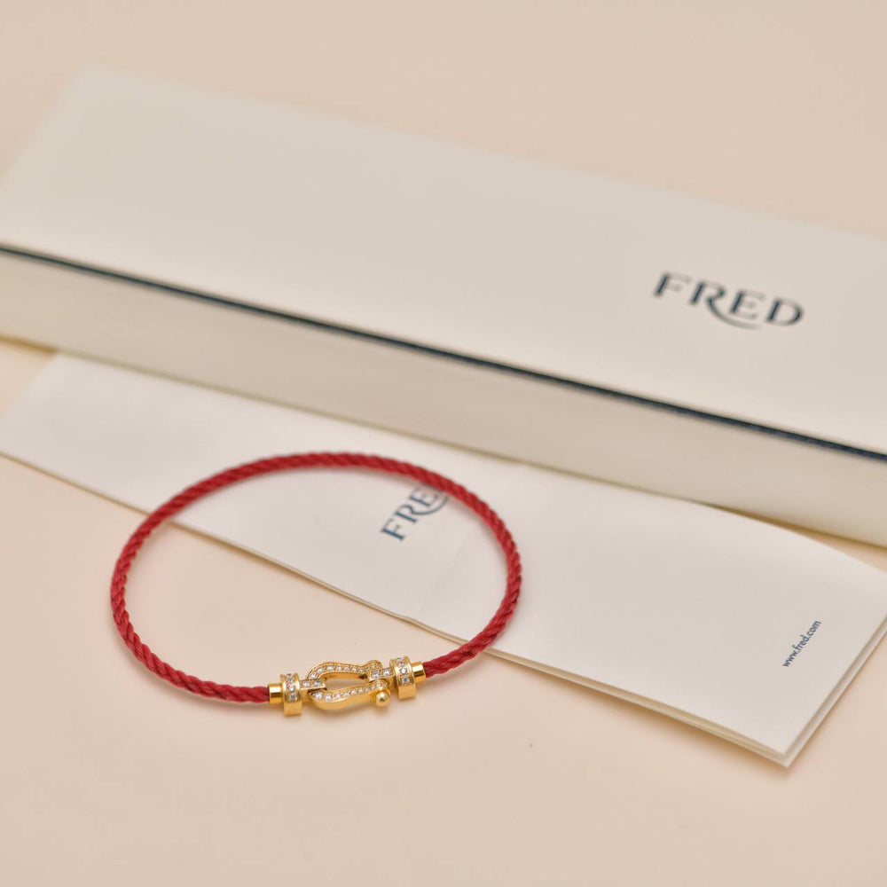 Preowned Fred Force 10 Diamond 18K Yellow Gold Red Cord Bracelet Medium Model
