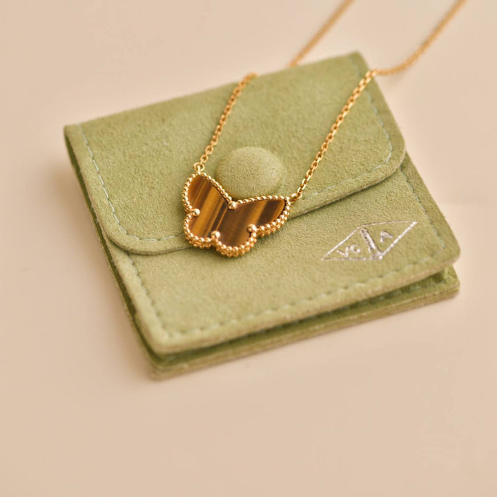 Preowned Van Cleef & Arpels Lucky Alhambra Butterfly Tiger Eye Yellow Gold Pendant Necklace