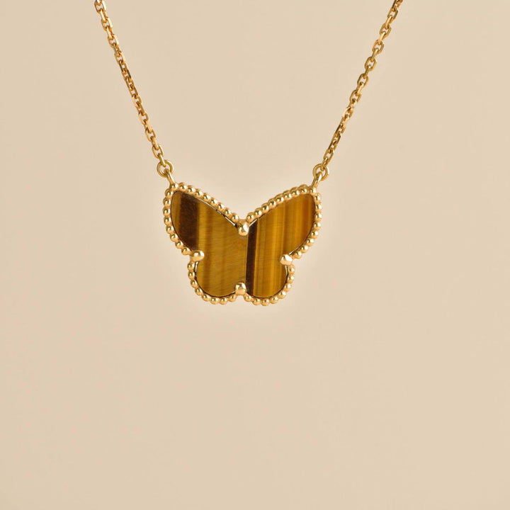 Preowned VCA Lucky Alhambra Butterfly Tiger Eye Yellow Gold Pendant Necklace