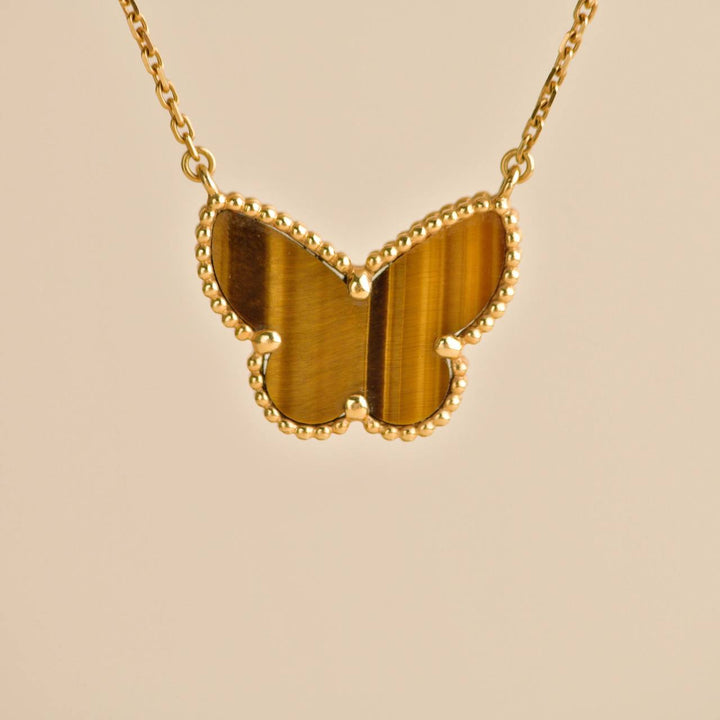 Second Hand VCA Lucky Alhambra Butterfly Tiger Eye Yellow Gold Pendant Necklace