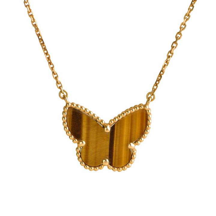 Preloved Van Cleef & Arpels Lucky Alhambra Butterfly Tiger Eye Yellow Gold Pendant Necklace