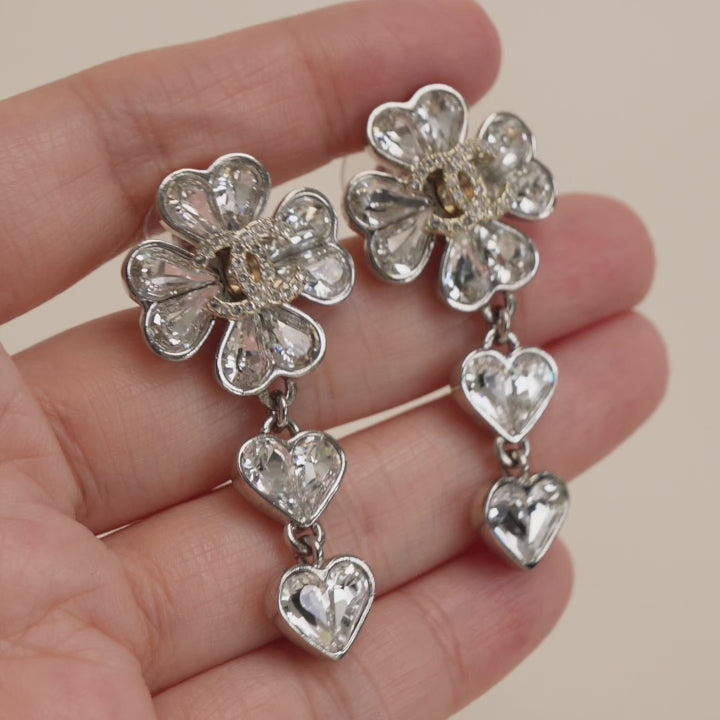 Second Hand Chanel CC Crystal Clover Heart Drop Silver Earrings