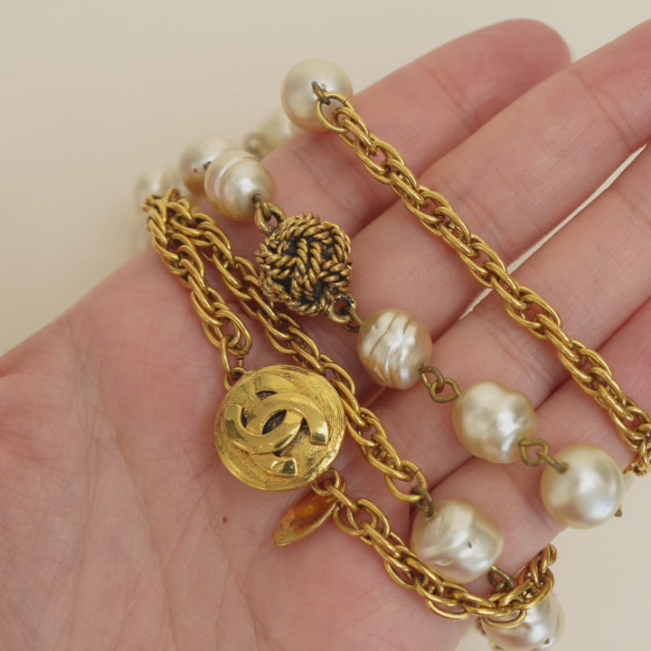 Preowned Chanel CC Faux Pearl Gold Tone Rope Bead Long Necklace