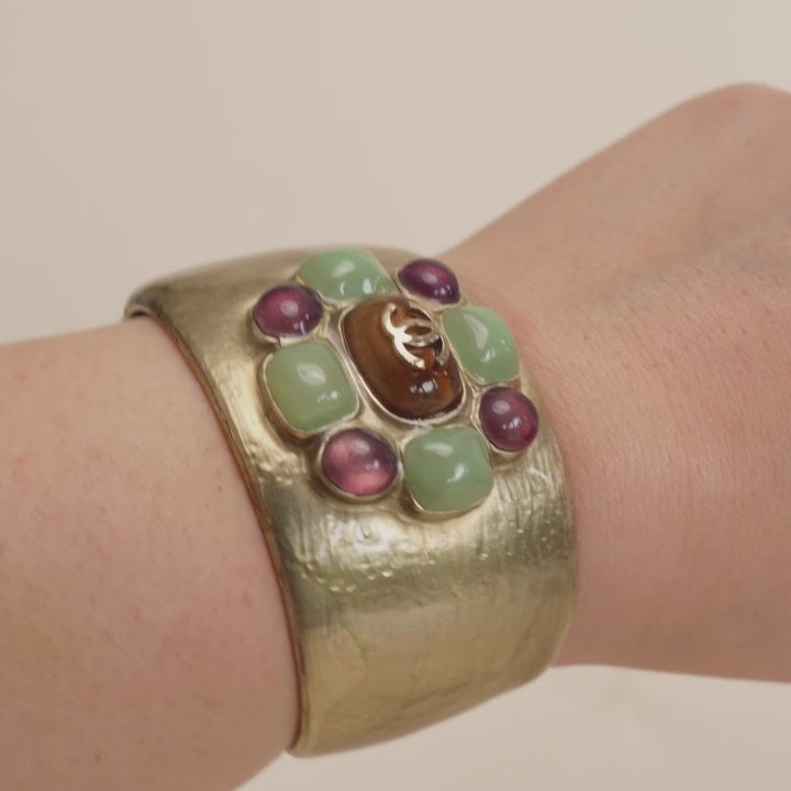 Second Hand Chanel Gold Metal Multi Colour Glass Gripoix Cuff Bracelet