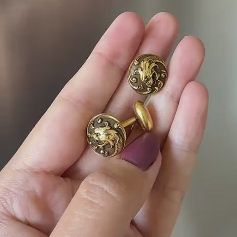 Preowned Art Nouveau Cabochon Emerald 14K Gold Dragon Heads Cufflinks