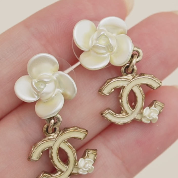 Preloved Chanel CC Collection White Gold Enamel Floral Drop Earrings