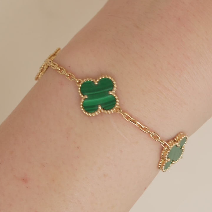 Van Cleef & Arpels Vintage Alhambra 5 Motif Malachite 18K Gold Bracelet