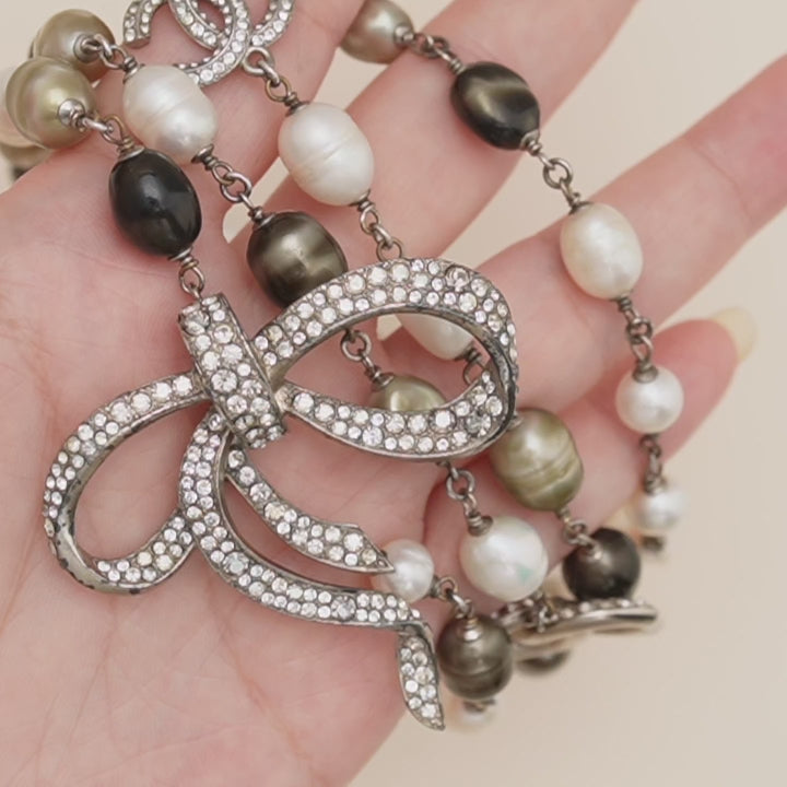 Preloved Chanel CC Collection Faux Pearl Crystal Bow Bead Necklace