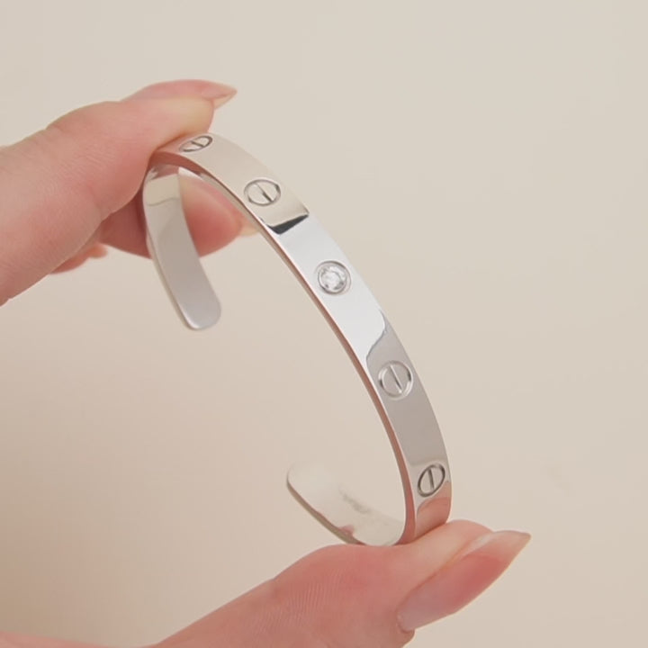 Preloved Cartier Love One Diamond 18K White Gold Cuff Bracelet Size 17