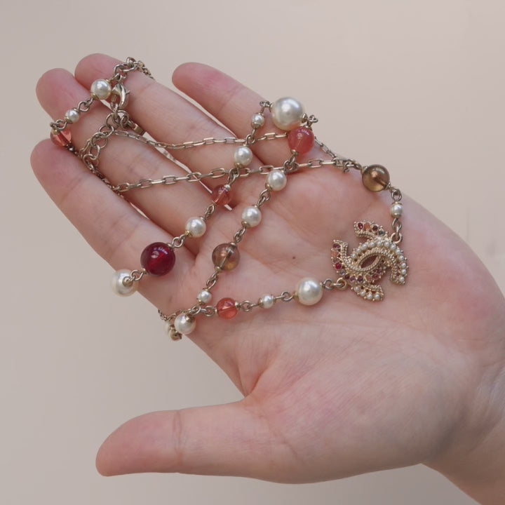Second Hand Chanel CC Double Glass Pearls Chain Long Necklace