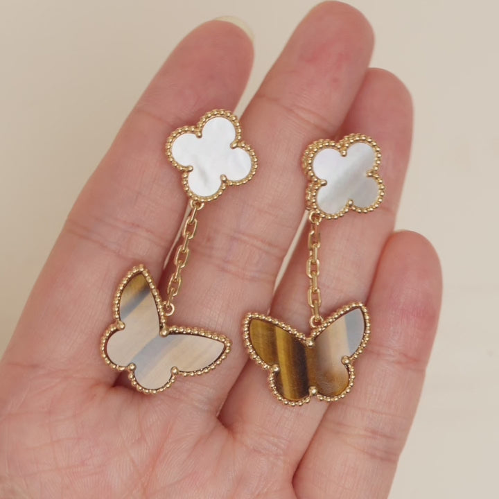 Van Cleef & Arpels Lucky Alhambra Mother of Pearl and Tiger Eye Yellow Gold Earrings