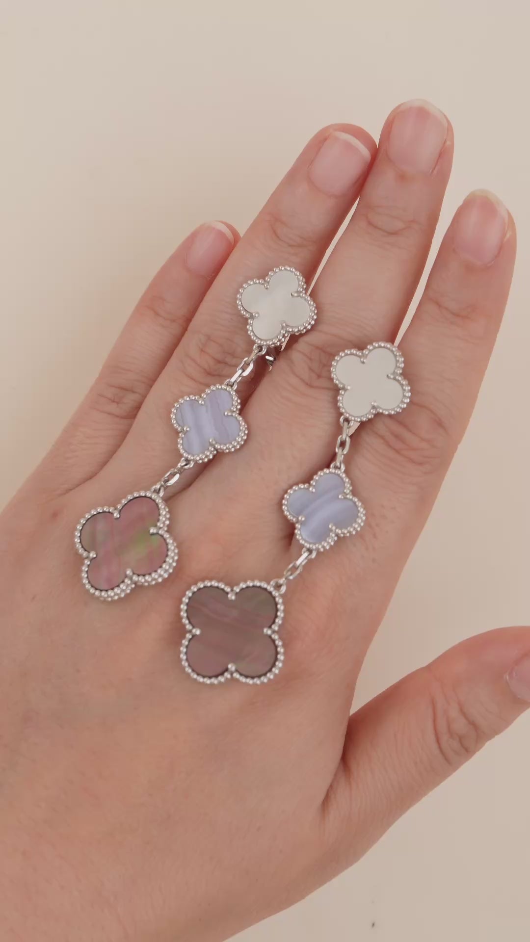 Van Cleef & Arpels Magic Mother of Pearl and Chalcedony 18K White Gold 3 Motif Earrings