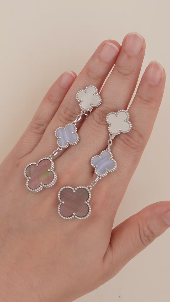 Van Cleef & Arpels Magic Mother of Pearl and Chalcedony 18K White Gold 3 Motif Earrings