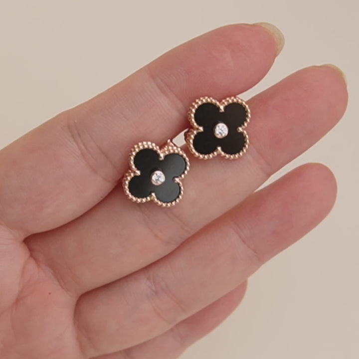 Preowned Van Cleef & Arpels Vintage Alhambra Limited Edition Onyx Diamond Rose Gold Earrings