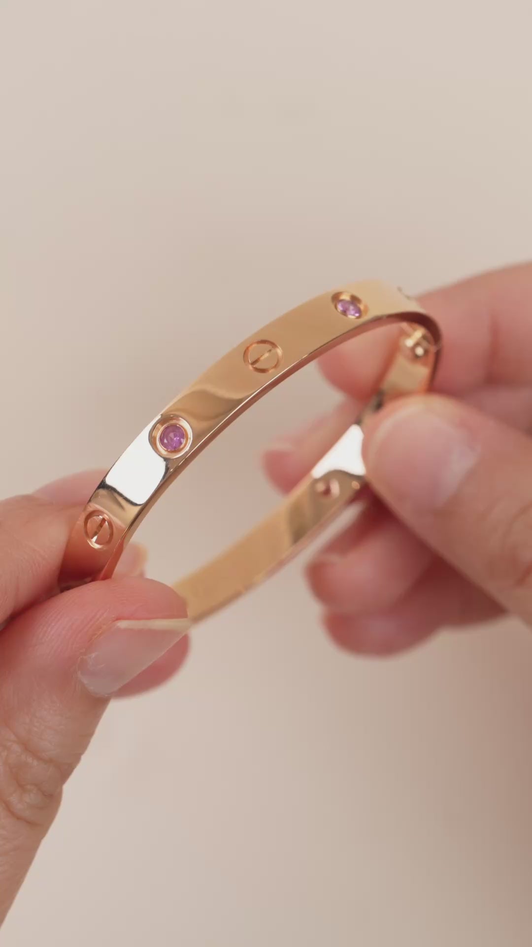 Cartier Love 4 Pink Sapphire 18k Rose Gold Bracelet Size 16