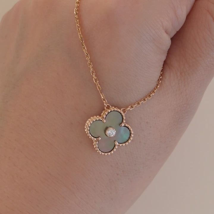 Second Hand Van Cleef & Arpels Vintage Alhambra Grey Mother of Pearl 18k Rose Gold 2014 Holiday Pendant