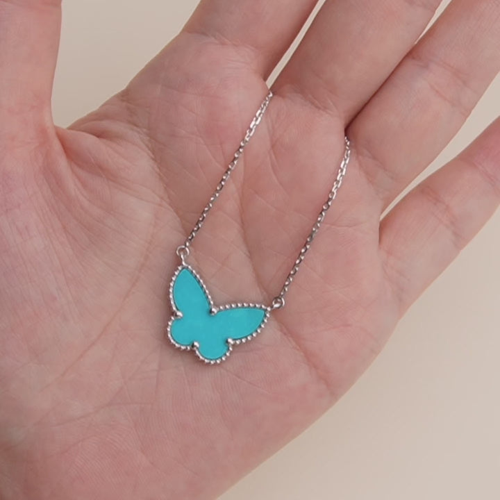 Used VCA Alhambra Turquoise Butterfly 18K White Gold Pendant Necklace