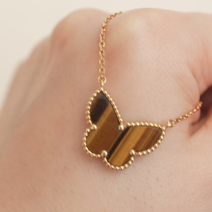 Second Hand Van Cleef & Arpels Lucky Alhambra Butterfly Tiger Eye Yellow Gold Pendant Necklace