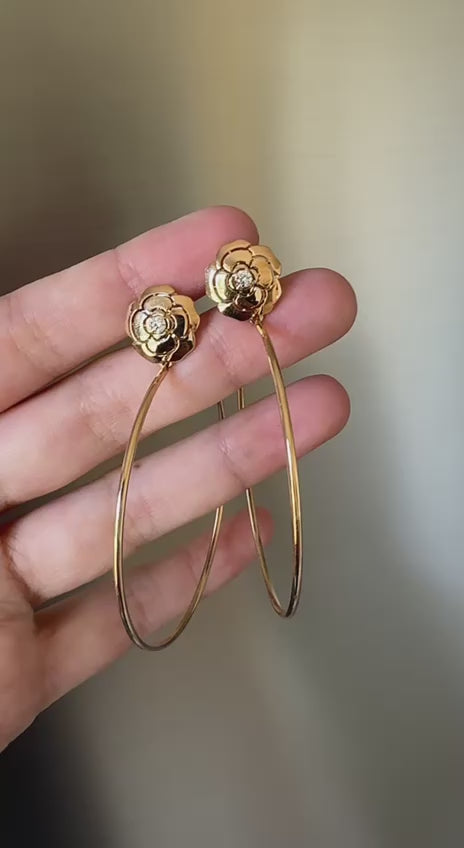 Preowned Chanel Diamond Extrait de Camélia 18K Rose Gold Hoop Earrings