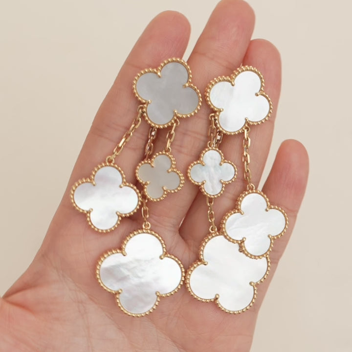 Second Hand Van Cleef & Arpels Magic Alhambra 4 Motif Mother of Pearl 18K Yellow Gold Earrings