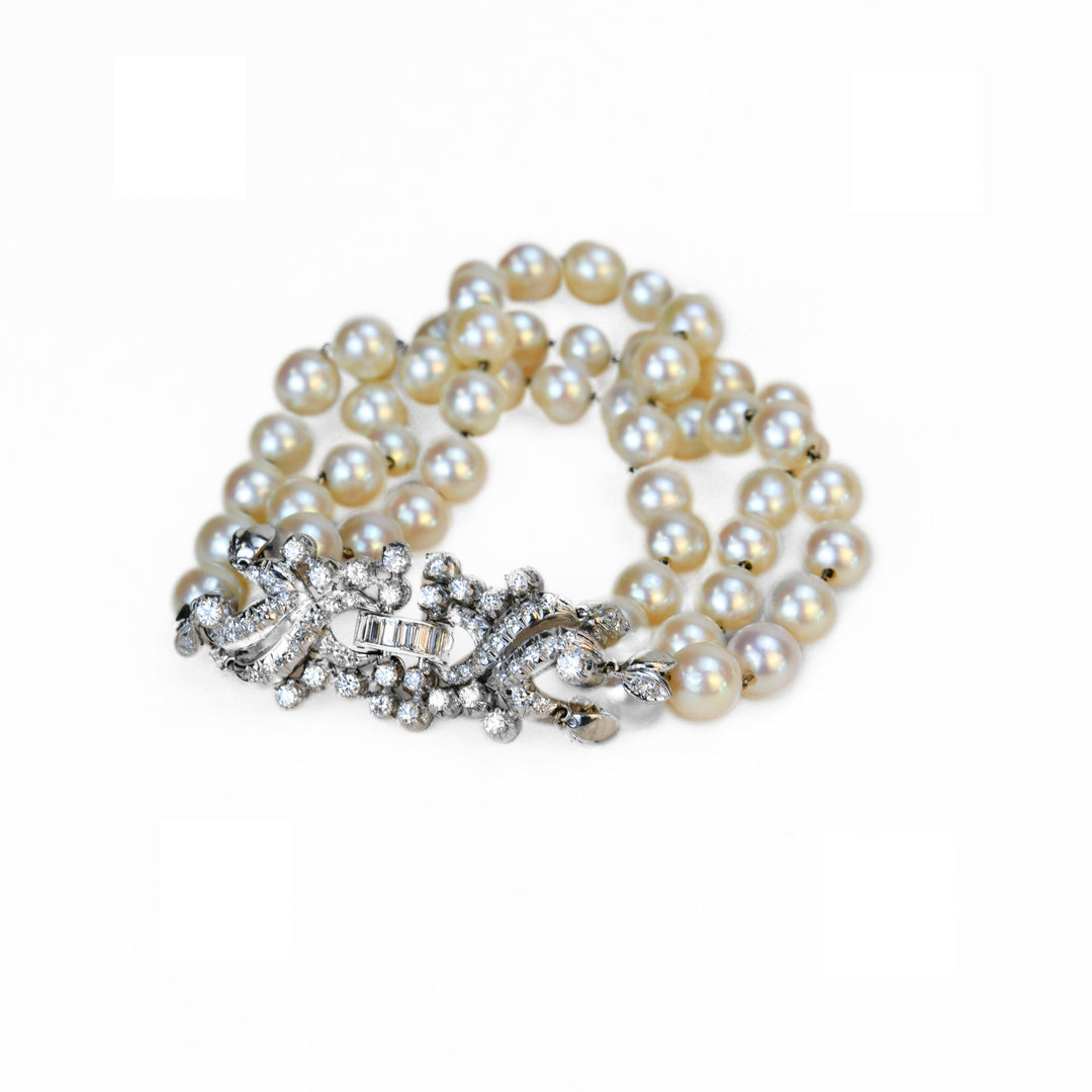 Preloved Cultured Pearl Diamond 18K White Gold Bracelet